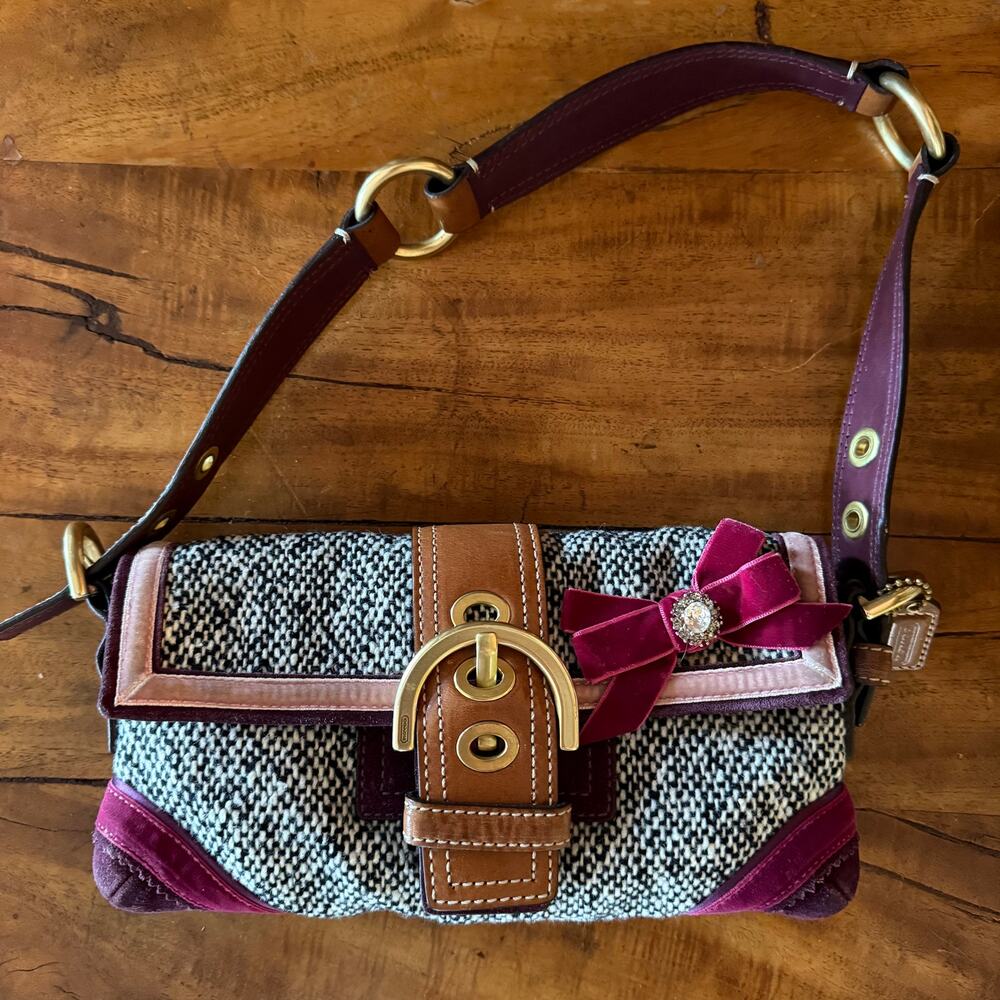 Vintage Coach Soho Tweed Demi Shoulder Bag Purple Suede Velvet Bow Y2K 8F01